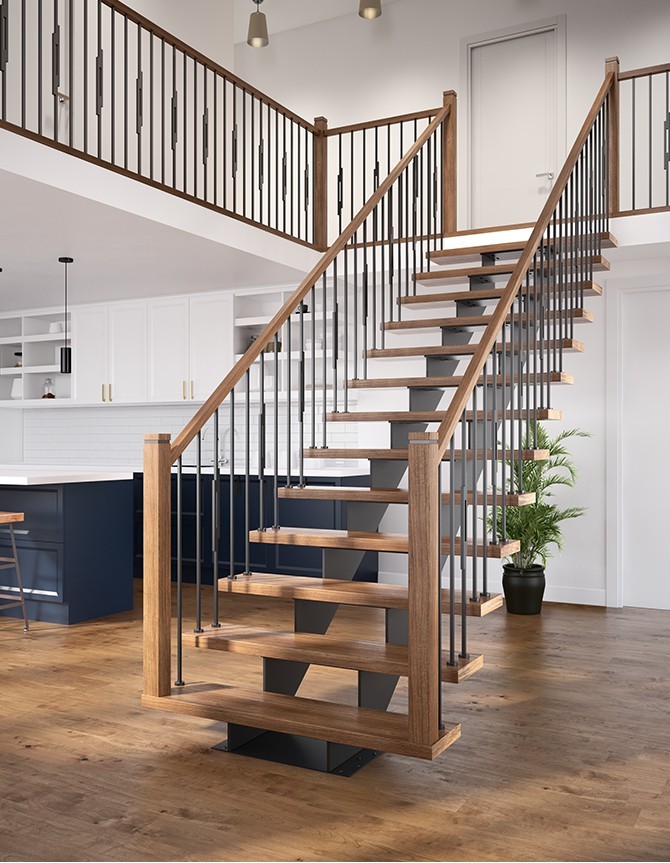 Oslo stairs showing a thin double stringer design for less obstructed views with wood handrails and metal balusters.