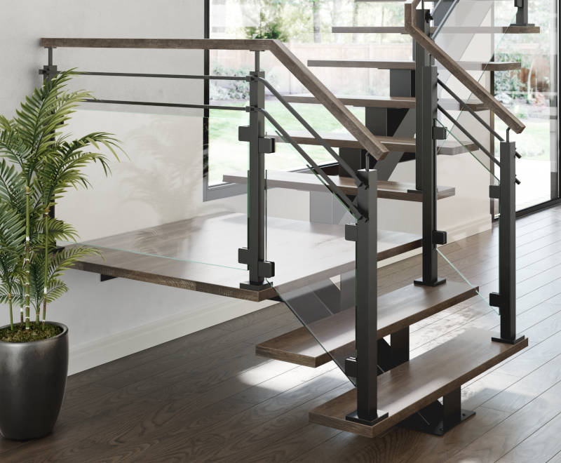 Wood and metal rails with posts and glass.