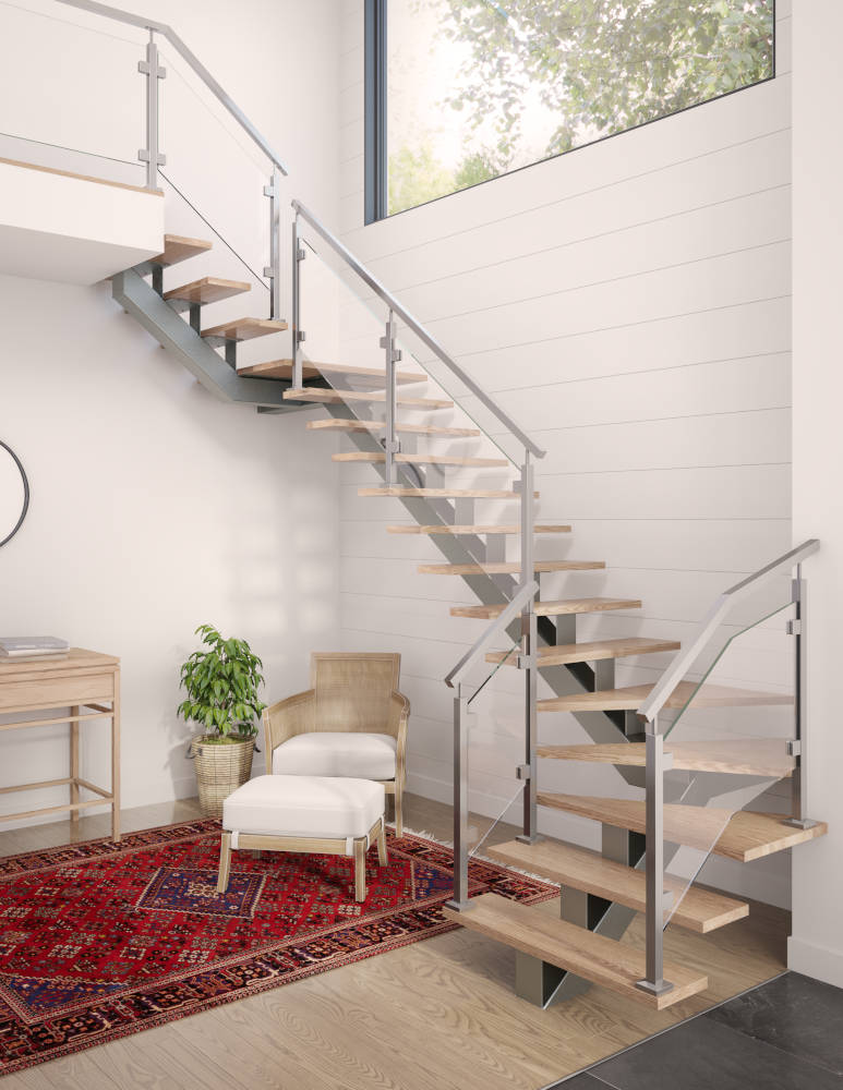 Tokyo stairs showing a unique central mono stringer design with metal handrails, posts and glass.